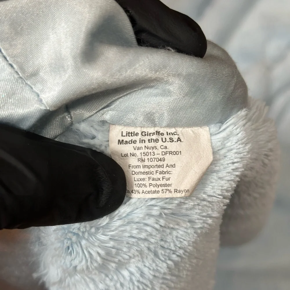 Little Giraffe Luxe Baby Blanket Blue Satin Trim 30x35 Faux Fur Made USA